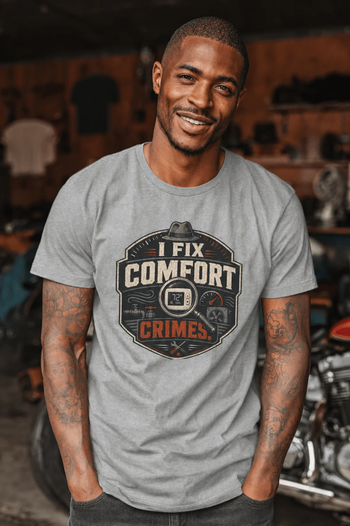 Funny HVAC Tech Tee "I Fix Comfort Crimes" — Furnace and Air Tech Work Tee — athletic-heather — Model Funny HVAC Tech Tee "I Fix Comfort Crimes" — Furnace and Air Tech Work Tee — athletic-heather t-shirt, model photo | Pressure Tested Co