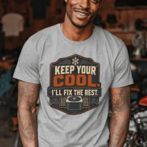 Funny HVAC Tee Shirt "Keep Your Cool. I'll Fix The Rest." T-Shirt – Vintage GraphicTee — athletic-heather t-shirt, model photo | Pressure Tested Co