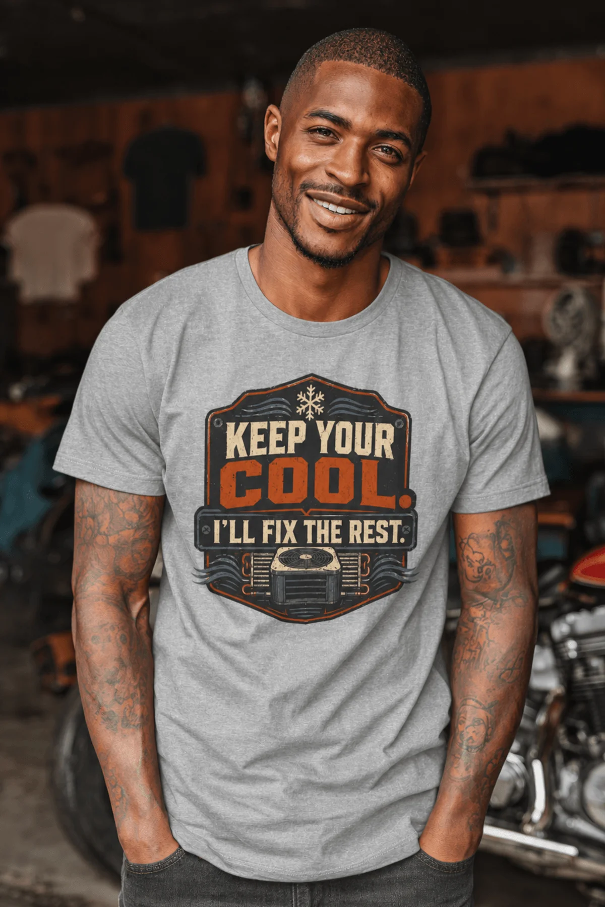 Funny HVAC Tee Shirt "Keep Your Cool. I'll Fix The Rest." T-Shirt – Vintage GraphicTee — athletic-heather — Model Funny HVAC Tee Shirt "Keep Your Cool. I'll Fix The Rest." T-Shirt – Vintage GraphicTee — athletic-heather t-shirt, model photo | Pressure Tested Co