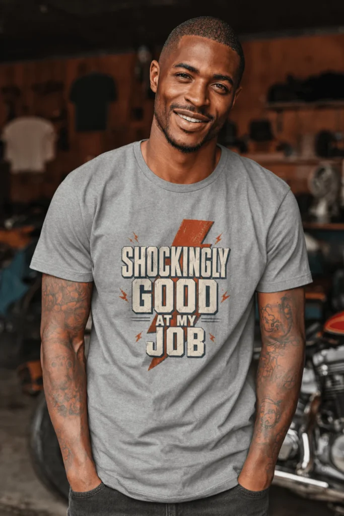 Electrician T-Shirt — "Shockingly Good At My Job" Funny Vintage Tradesman Tee