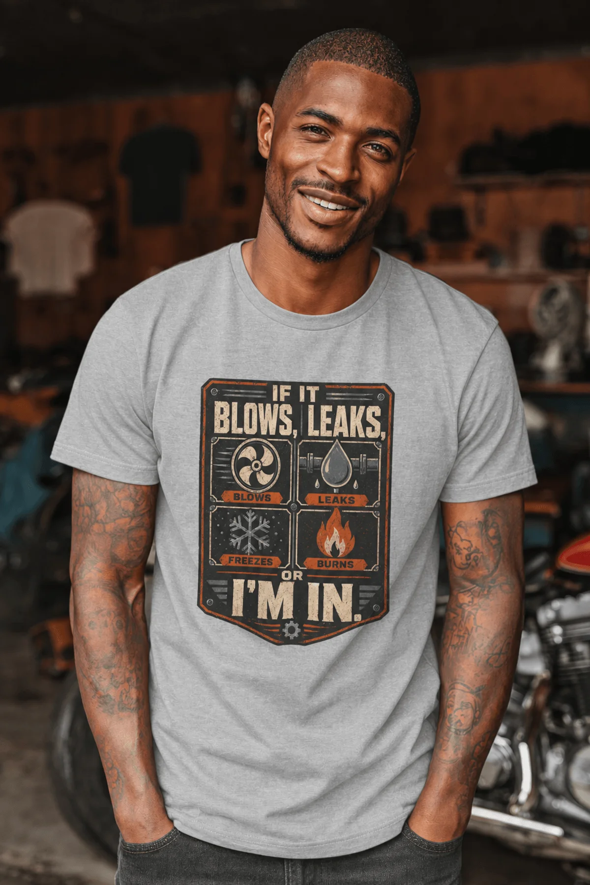 HVAC Technician T‑Shirt — "If It Blows, Leaks, Freezes or Burns I'm In" Retro Tradesmen Tee — athletic-heather — Model HVAC Technician T‑Shirt — "If It Blows, Leaks, Freezes or Burns I'm In" Retro Tradesmen Tee — athletic-heather t-shirt, model photo | Pressure Tested Co