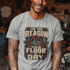 Plumber T‑Shirt – "I'm the Reason Your Floor Is Dry" Vintage Plumbing Tee — athletic-heather t-shirt, model photo | Pressure Tested Co
