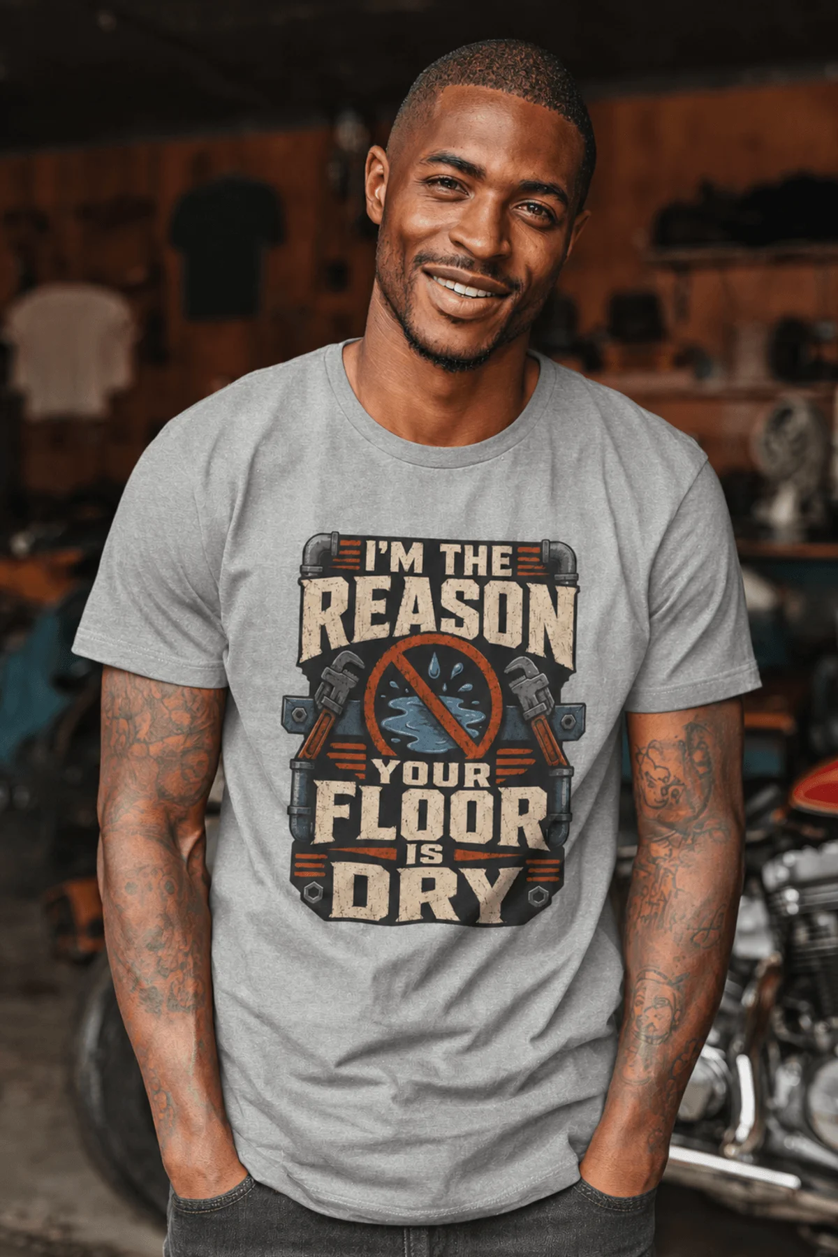 Plumber T‑Shirt – "I'm the Reason Your Floor Is Dry" Vintage Plumbing Tee — athletic-heather — Model Plumber T‑Shirt – "I'm the Reason Your Floor Is Dry" Vintage Plumbing Tee — athletic-heather t-shirt, model photo | Pressure Tested Co