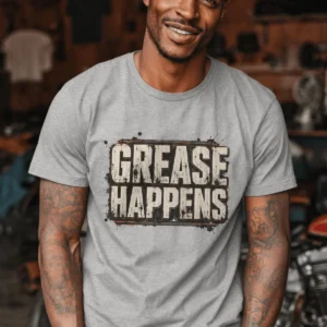 Grease Happens T-Shirt — Funny Mechanic Garage Tee — athletic-heather t-shirt, model photo | Pressure Tested Co