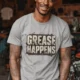 Grease Happens T-Shirt — Funny Mechanic Garage Tee — athletic-heather — Model Grease Happens T-Shirt — Funny Mechanic Garage Tee — athletic-heather t-shirt, model photo | Pressure Tested Co
