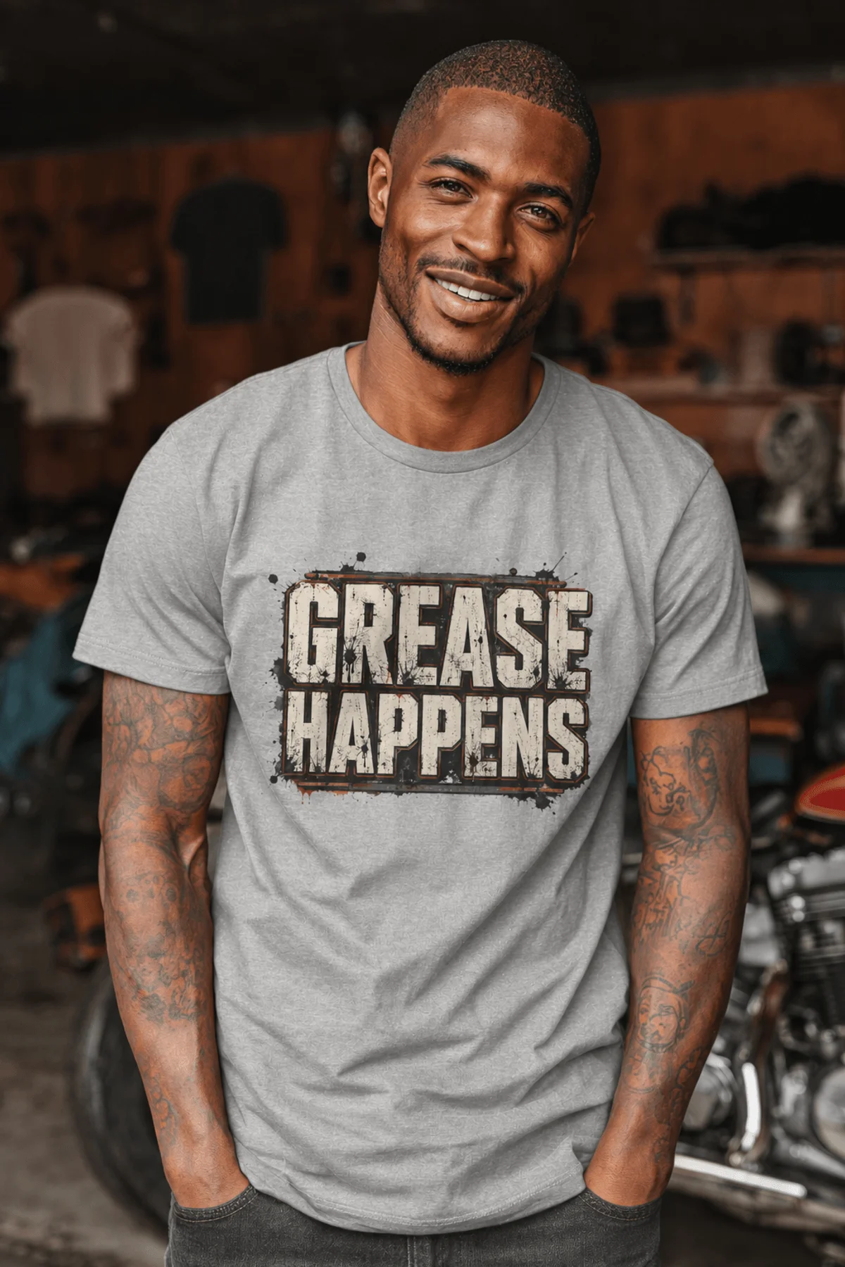 Grease Happens T-Shirt — Funny Mechanic Garage Tee — athletic-heather — Model Grease Happens T-Shirt — Funny Mechanic Garage Tee — athletic-heather t-shirt, model photo | Pressure Tested Co