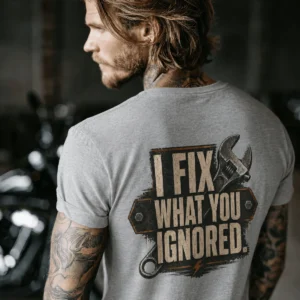 I Fix What You Ignored T-Shirt — Mechanic Wrench Tool Shirt for Technicians & DIYers — athletic-heather t-shirt, model photo | Pressure Tested Co