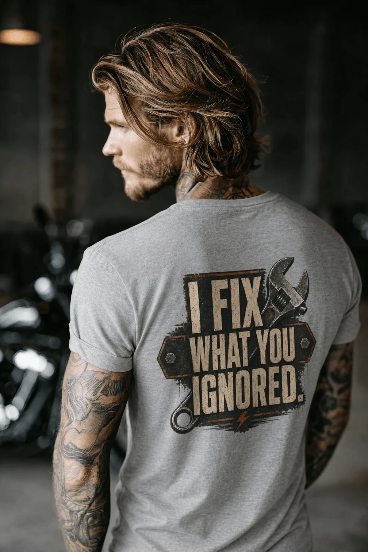 I Fix What You Ignored T-Shirt — Mechanic Wrench Tool Shirt for Technicians & DIYers — athletic-heather — Model I Fix What You Ignored T-Shirt — Mechanic Wrench Tool Shirt for Technicians & DIYers — athletic-heather t-shirt, model photo | Pressure Tested Co