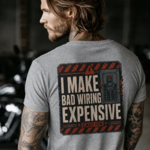 Funny Electrician Tech Tee - Back "I Make Bad Wiring Expensive" — Front "Wired For Success" Vintage Work Tee — athletic-heather t-shirt, model photo | Pressure Tested Co