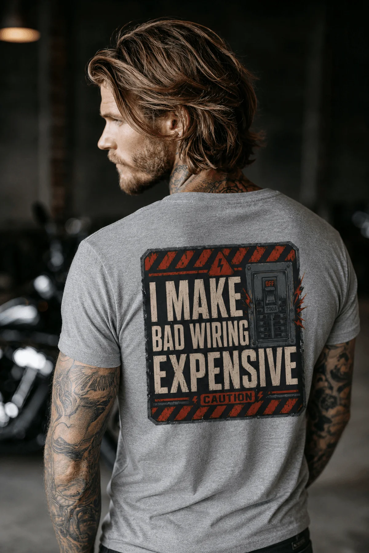Funny Electrician Tech Tee - Back "I Make Bad Wiring Expensive" — Front "Wired For Success" Vintage Work Tee — athletic-heather — Model Funny Electrician Tech Tee - Back "I Make Bad Wiring Expensive" — Front "Wired For Success" Vintage Work Tee — athletic-heather t-shirt, model photo | Pressure Tested Co