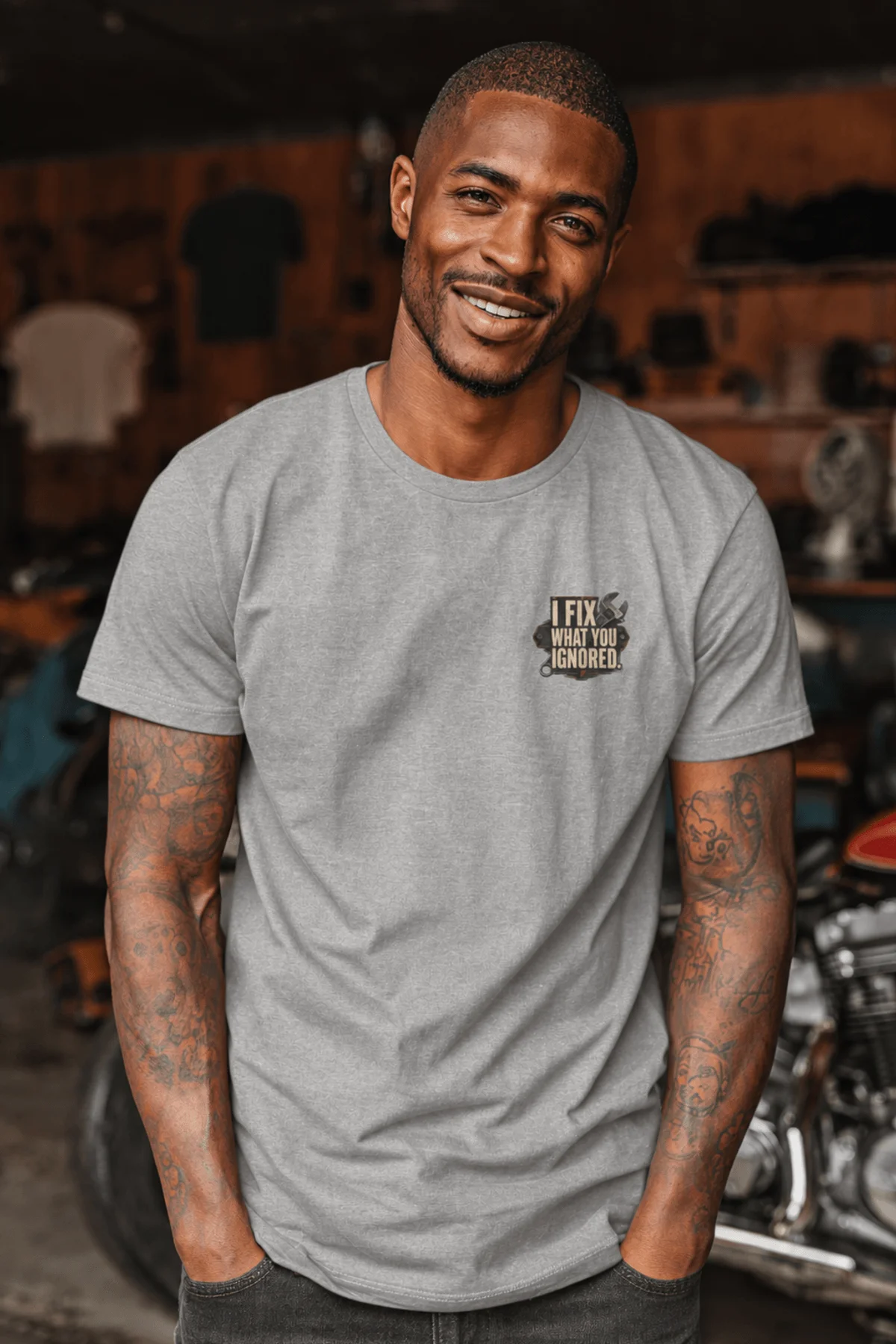 I Fix What You Ignored T-Shirt — Mechanic Wrench Tool Shirt for Technicians & DIYers — athletic-heather — Model I Fix What You Ignored T-Shirt — Mechanic Wrench Tool Shirt for Technicians & DIYers — athletic-heather t-shirt, model photo | Pressure Tested Co