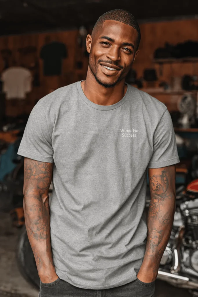 Funny Electrician Tech Tee - Back "I Make Bad Wiring Expensive" — Front "Wired For Success" Vintage Work Tee — athletic-heather t-shirt, model photo | Pressure Tested Co