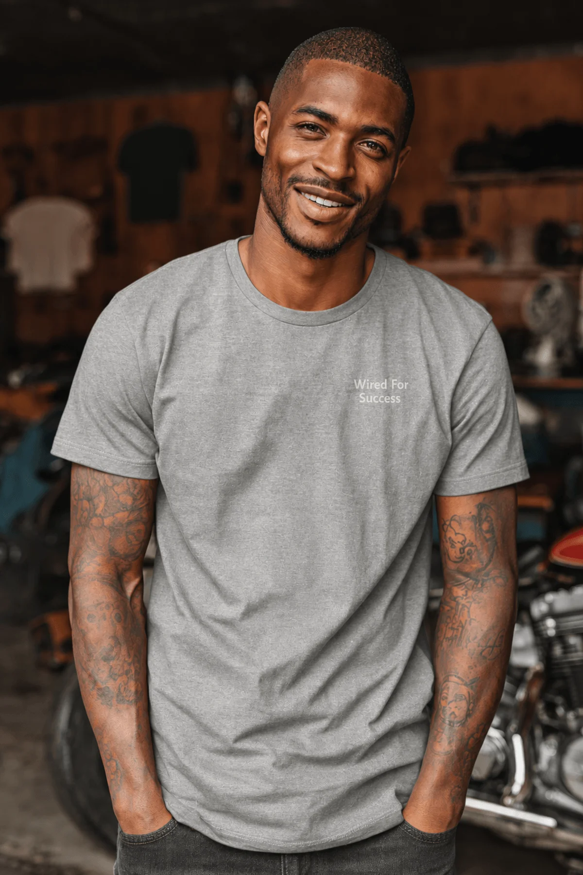 Funny Electrician Tech Tee - Back "I Make Bad Wiring Expensive" — Front "Wired For Success" Vintage Work Tee — athletic-heather — Model Funny Electrician Tech Tee - Back "I Make Bad Wiring Expensive" — Front "Wired For Success" Vintage Work Tee — athletic-heather t-shirt, model photo | Pressure Tested Co