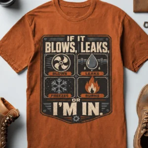 HVAC Technician T‑Shirt — "If It Blows, Leaks, Freezes or Burns I'm In" Retro Tradesmen Tee — autumn t-shirt, flat-lay product photo | Pressure Tested Co