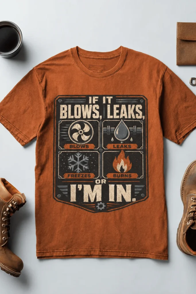 HVAC Technician T‑Shirt — "If It Blows, Leaks, Freezes or Burns I'm In" Retro Tradesmen Tee — autumn t-shirt, flat-lay product photo | Pressure Tested Co