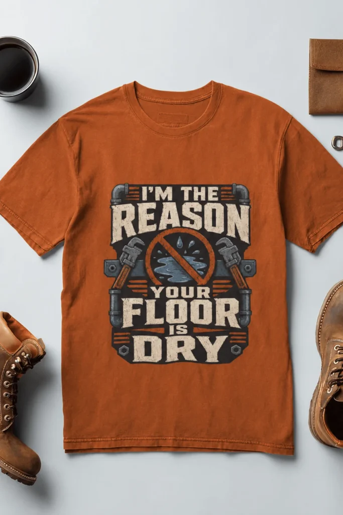 Plumber T‑Shirt – "I'm the Reason Your Floor Is Dry" Vintage Plumbing Tee — autumn t-shirt, flat-lay product photo | Pressure Tested Co