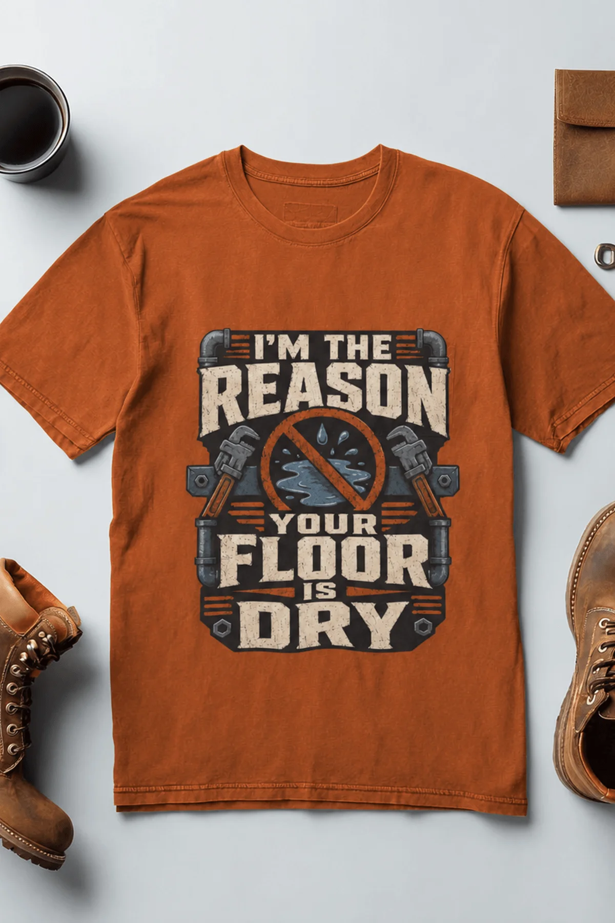 Plumber T‑Shirt – "I'm the Reason Your Floor Is Dry" Vintage Plumbing Tee — autumn — Flat-lay Plumber T‑Shirt – "I'm the Reason Your Floor Is Dry" Vintage Plumbing Tee — autumn t-shirt, flat-lay product photo | Pressure Tested Co