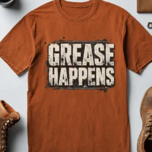 Grease Happens T-Shirt — Funny Mechanic Garage Tee — autumn t-shirt, flat-lay product photo | Pressure Tested Co