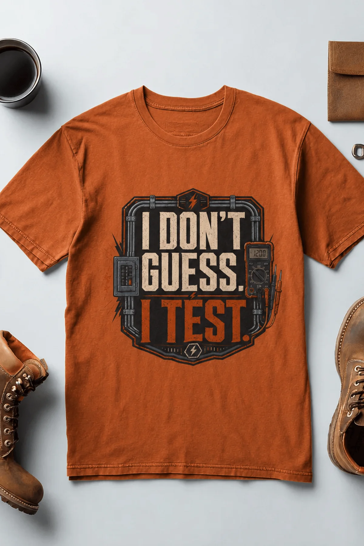 I Don't Guess I Test T-Shirt — Funny Tech Tee for Engineers and Electricians — autumn — Flat-lay I Don't Guess I Test T-Shirt — Funny Tech Tee for Engineers and Electricians — autumn t-shirt, flat-lay product photo | Pressure Tested Co