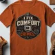 Funny HVAC Tech Tee "I Fix Comfort Crimes" — Furnace and Air Tech Work Tee — autumn — Flat-lay Funny HVAC Tech Tee "I Fix Comfort Crimes" — Furnace and Air Tech Work Tee — autumn t-shirt, flat-lay product photo | Pressure Tested Co