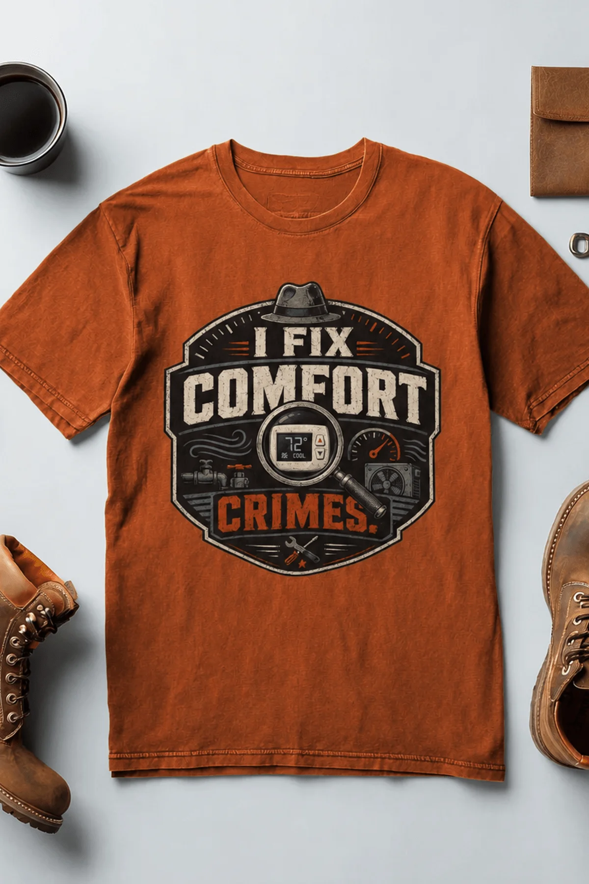 Funny HVAC Tech Tee "I Fix Comfort Crimes" — Furnace and Air Tech Work Tee — autumn — Flat-lay Funny HVAC Tech Tee "I Fix Comfort Crimes" — Furnace and Air Tech Work Tee — autumn t-shirt, flat-lay product photo | Pressure Tested Co