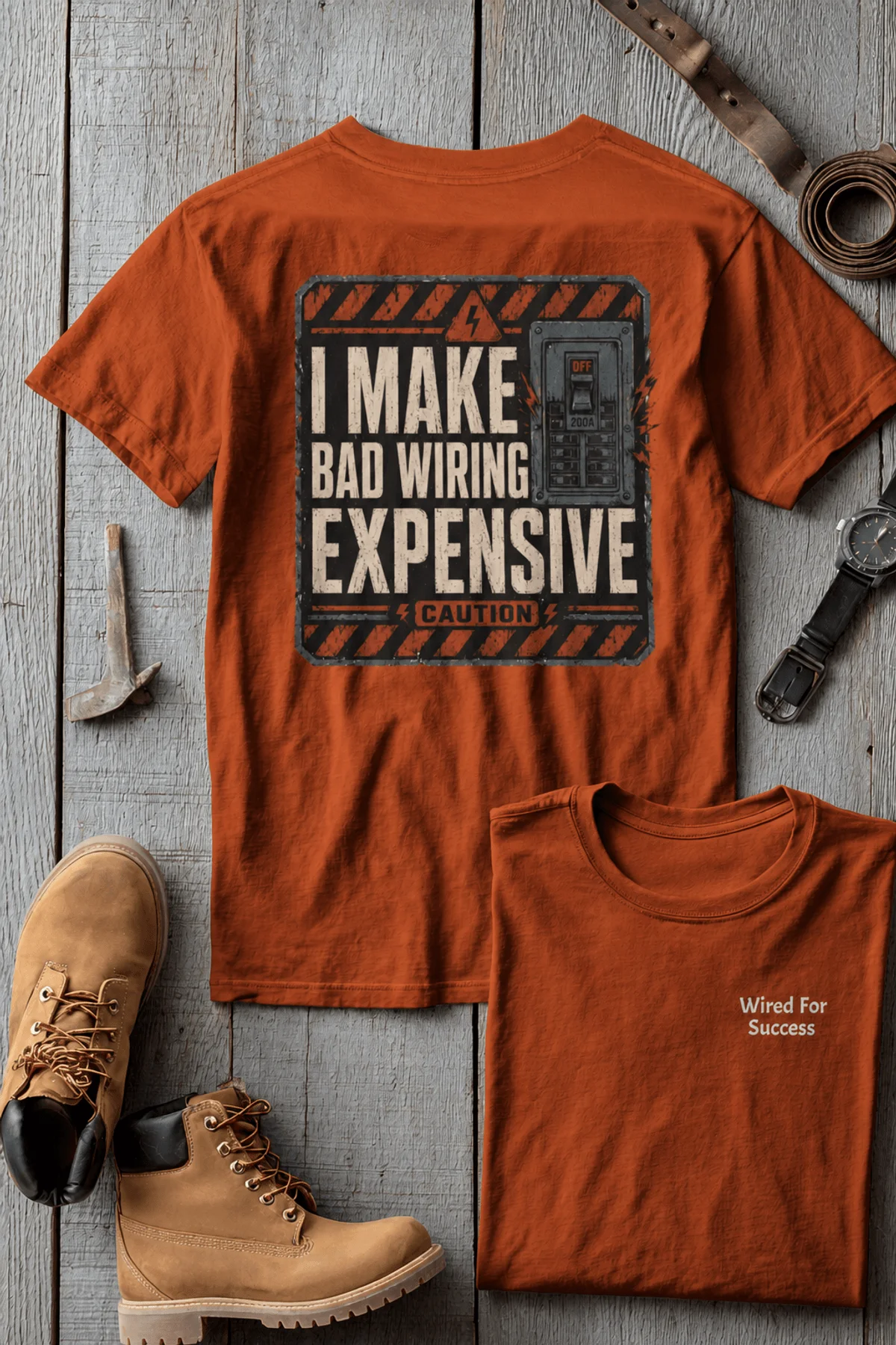 Funny Electrician Tech Tee - Back "I Make Bad Wiring Expensive" — Front "Wired For Success" Vintage Work Tee — autumn — Flat-lay Funny Electrician Tech Tee - Back "I Make Bad Wiring Expensive" — Front "Wired For Success" Vintage Work Tee — autumn t-shirt, flat-lay product photo | Pressure Tested Co