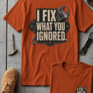 I Fix What You Ignored T-Shirt — Mechanic Wrench Tool Shirt for Technicians & DIYers — autumn t-shirt, flat-lay product photo | Pressure Tested Co