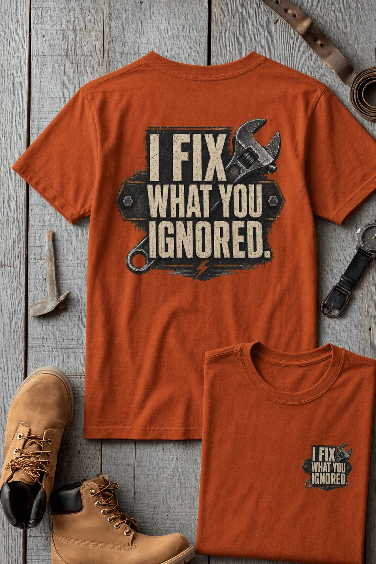I Fix What You Ignored T-Shirt — Mechanic Wrench Tool Shirt for Technicians & DIYers — autumn — Flat-lay I Fix What You Ignored T-Shirt — Mechanic Wrench Tool Shirt for Technicians & DIYers — autumn t-shirt, flat-lay product photo | Pressure Tested Co