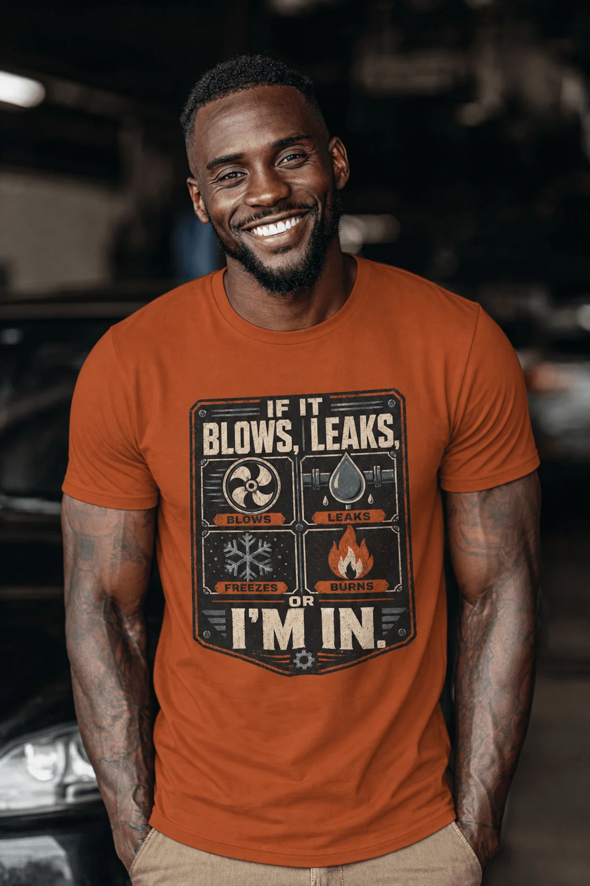 HVAC Technician T‑Shirt — "If It Blows, Leaks, Freezes or Burns I'm In" Retro Tradesmen Tee — autumn — Model HVAC Technician T‑Shirt — "If It Blows, Leaks, Freezes or Burns I'm In" Retro Tradesmen Tee — autumn t-shirt, model photo | Pressure Tested Co