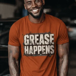 Grease Happens T-Shirt — Funny Mechanic Garage Tee — autumn t-shirt, model photo | Pressure Tested Co