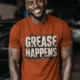 Grease Happens T-Shirt — Funny Mechanic Garage Tee — autumn — Model Grease Happens T-Shirt — Funny Mechanic Garage Tee — autumn t-shirt, model photo | Pressure Tested Co