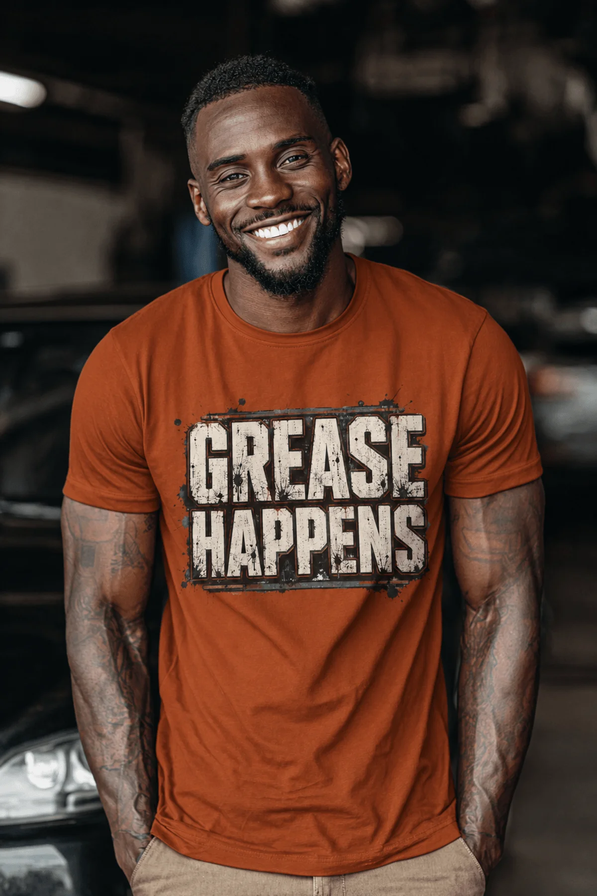 Grease Happens T-Shirt — Funny Mechanic Garage Tee — autumn — Model Grease Happens T-Shirt — Funny Mechanic Garage Tee — autumn t-shirt, model photo | Pressure Tested Co