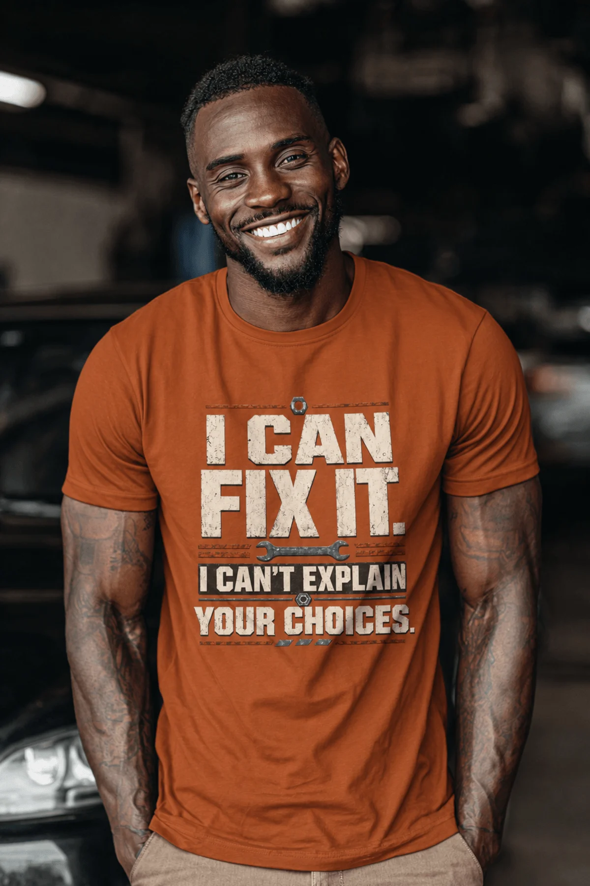 Sarcastic Mechanic T‑Shirt – "I Can Fix It. I Can't Explain Your Choices" Vintage Mechanic Shirt - DIY Repair Tee — autumn t-shirt, model photo | Pressure Tested Co