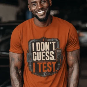 I Don't Guess I Test T-Shirt — Funny Tech Tee for Engineers and Electricians — autumn t-shirt, model photo | Pressure Tested Co