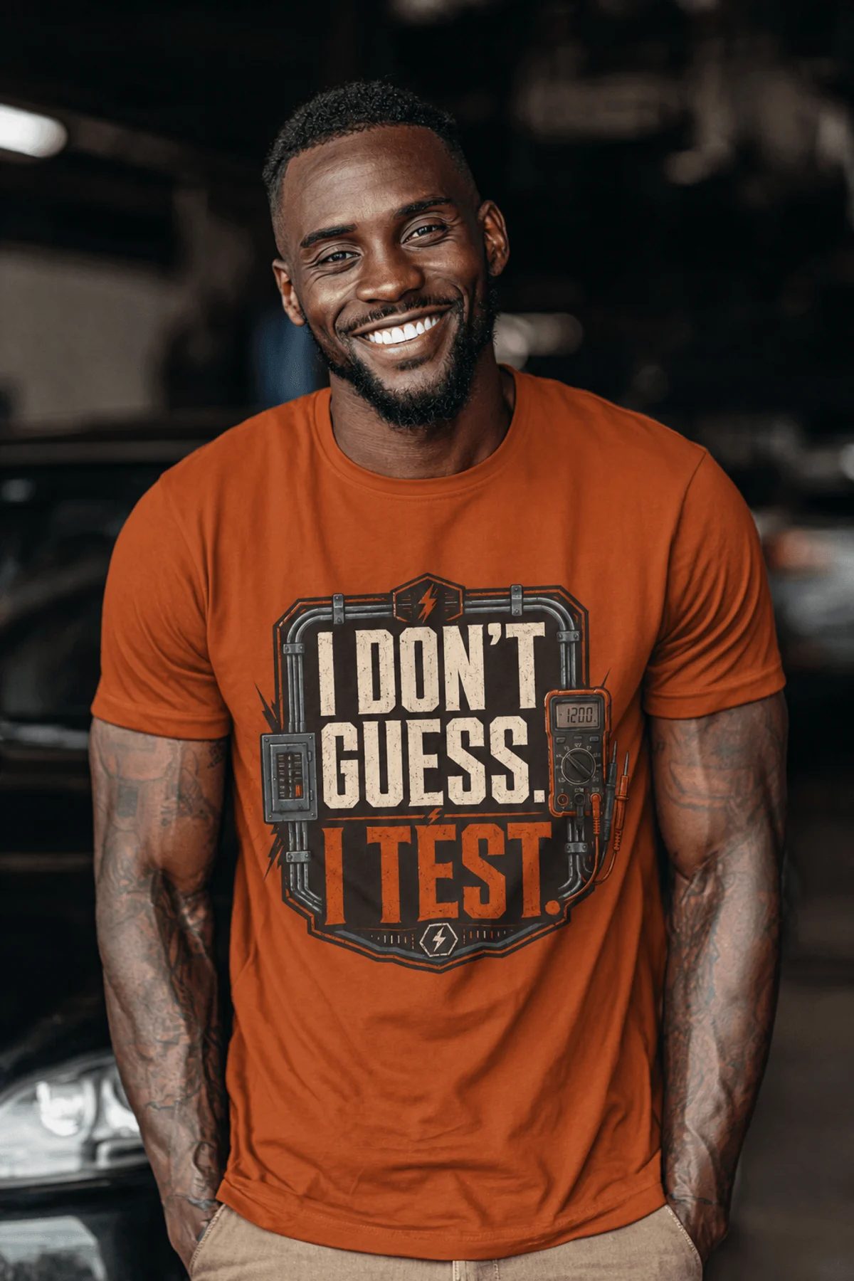 I Don't Guess I Test T-Shirt — Funny Tech Tee for Engineers and Electricians — autumn — Model I Don't Guess I Test T-Shirt — Funny Tech Tee for Engineers and Electricians — autumn t-shirt, model photo | Pressure Tested Co