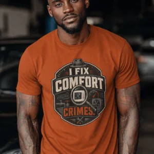 Funny HVAC Tech Tee "I Fix Comfort Crimes" — Furnace and Air Tech Work Tee — autumn t-shirt, model photo | Pressure Tested Co