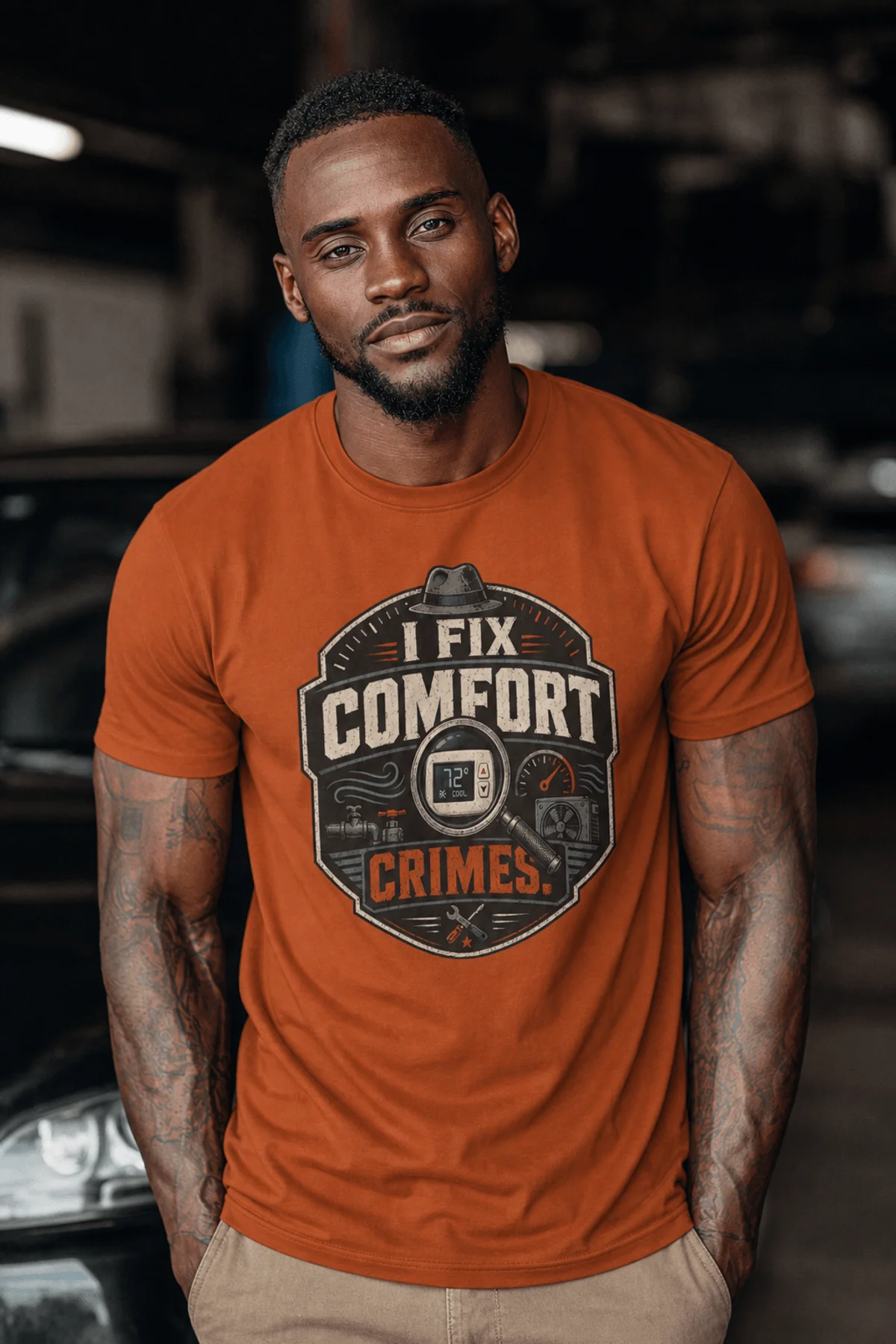 Funny HVAC Tech Tee "I Fix Comfort Crimes" — Furnace and Air Tech Work Tee — autumn — Model Funny HVAC Tech Tee "I Fix Comfort Crimes" — Furnace and Air Tech Work Tee — autumn t-shirt, model photo | Pressure Tested Co