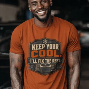 Funny HVAC Tee Shirt "Keep Your Cool. I'll Fix The Rest." T-Shirt – Vintage GraphicTee — autumn t-shirt, model photo | Pressure Tested Co
