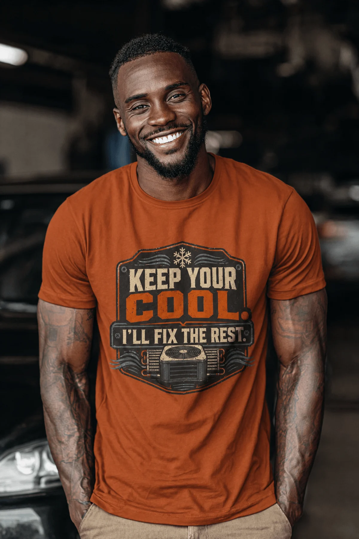 Funny HVAC Tee Shirt "Keep Your Cool. I'll Fix The Rest." T-Shirt – Vintage GraphicTee — autumn — Model Funny HVAC Tee Shirt "Keep Your Cool. I'll Fix The Rest." T-Shirt – Vintage GraphicTee — autumn t-shirt, model photo | Pressure Tested Co