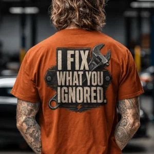 I Fix What You Ignored T-Shirt — Mechanic Wrench Tool Shirt for Technicians & DIYers — autumn t-shirt, model photo | Pressure Tested Co