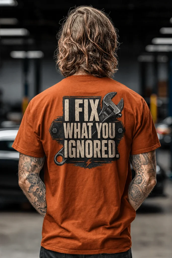 I Fix What You Ignored T-Shirt — Mechanic Wrench Tool Shirt for Technicians & DIYers — autumn t-shirt, model photo | Pressure Tested Co