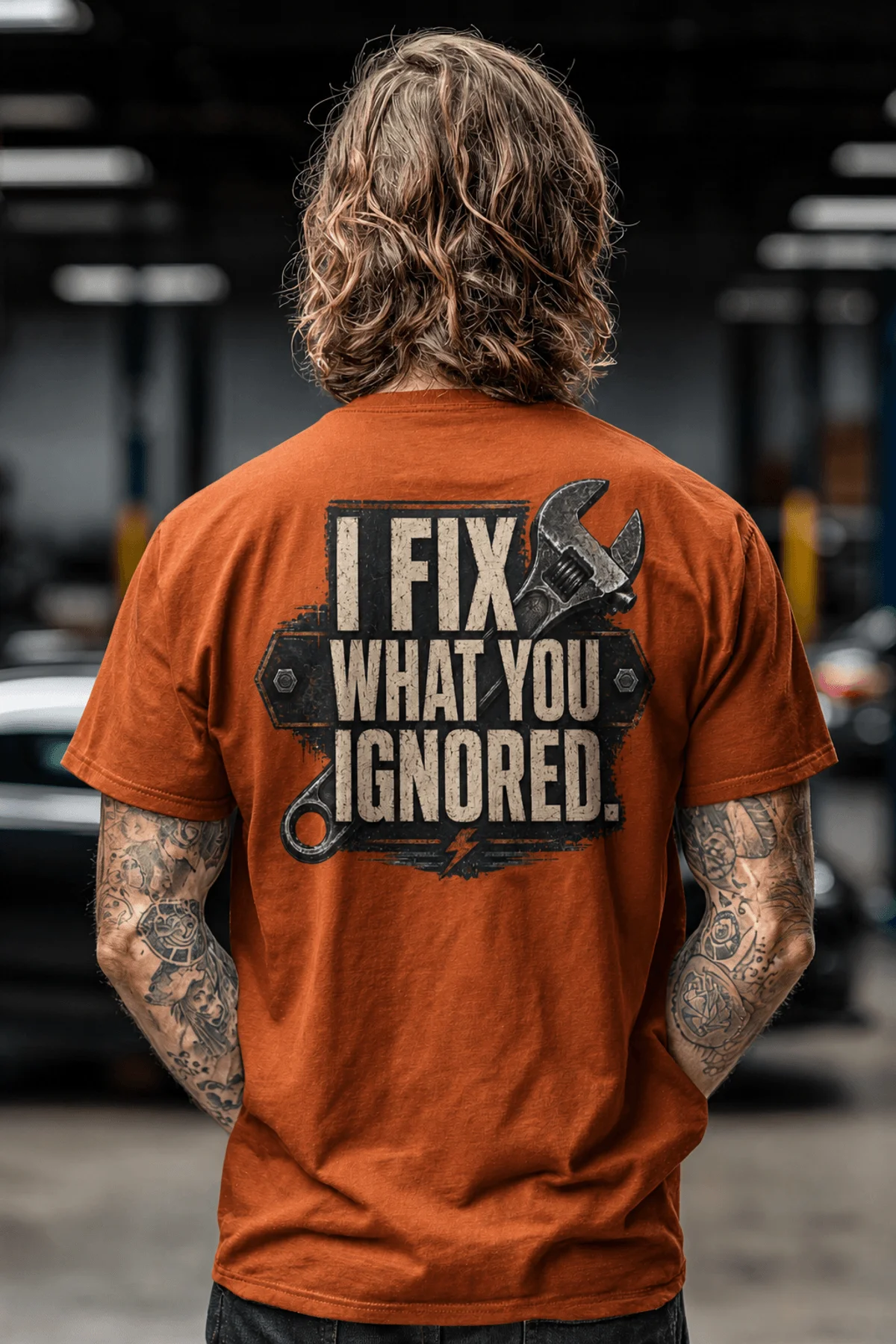 I Fix What You Ignored T-Shirt — Mechanic Wrench Tool Shirt for Technicians & DIYers — autumn — Model I Fix What You Ignored T-Shirt — Mechanic Wrench Tool Shirt for Technicians & DIYers — autumn t-shirt, model photo | Pressure Tested Co