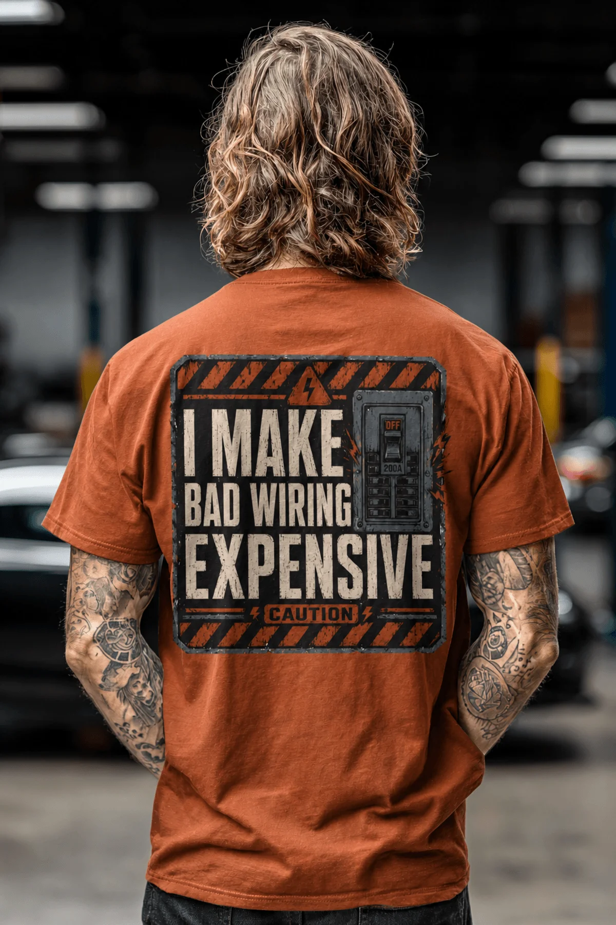Funny Electrician Tech Tee - Back "I Make Bad Wiring Expensive" — Front "Wired For Success" Vintage Work Tee — autumn — Model Funny Electrician Tech Tee - Back "I Make Bad Wiring Expensive" — Front "Wired For Success" Vintage Work Tee — autumn t-shirt, model photo | Pressure Tested Co