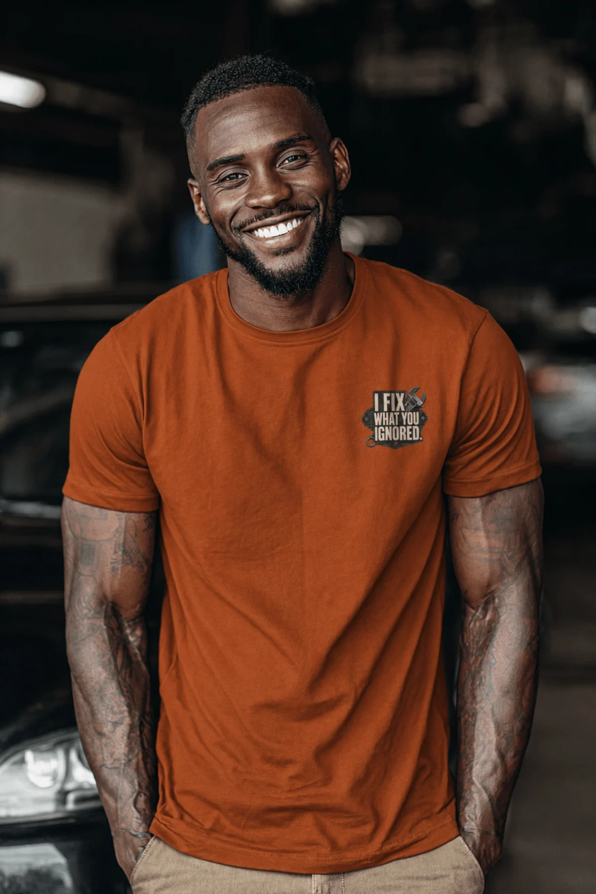 I Fix What You Ignored T-Shirt — Mechanic Wrench Tool Shirt for Technicians & DIYers — autumn — Model I Fix What You Ignored T-Shirt — Mechanic Wrench Tool Shirt for Technicians & DIYers — autumn t-shirt, model photo | Pressure Tested Co