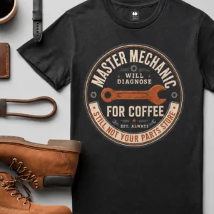 Mechanic T-Shirt — "Master Mechanic: Will Diagnose for Coffee" Retro Wrench Tee - Image 3