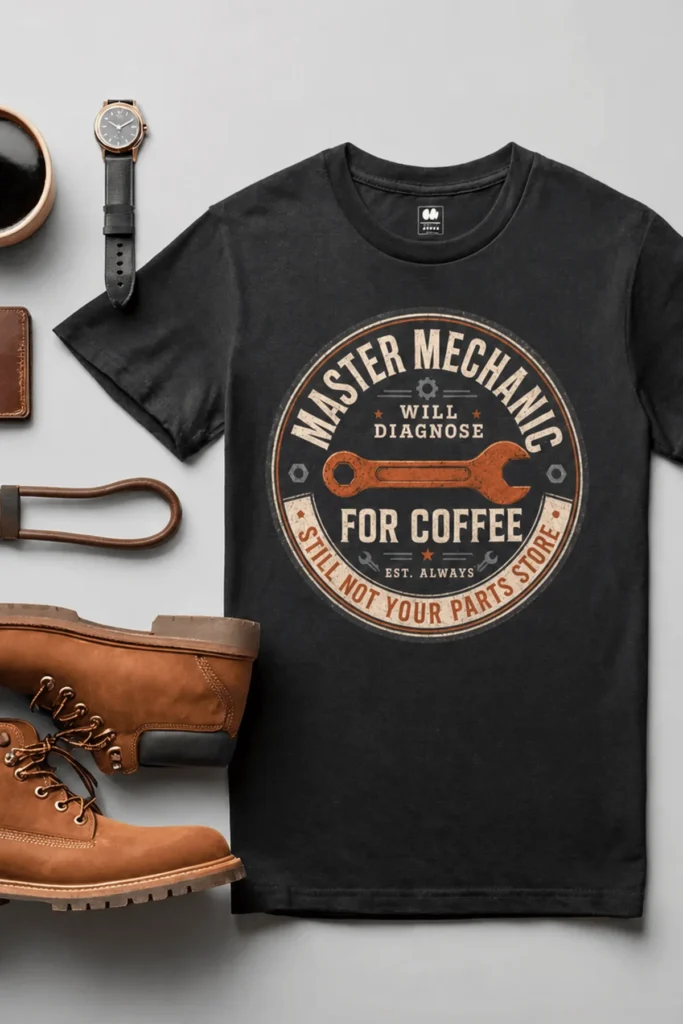 Mechanic T-Shirt — "Master Mechanic: Will Diagnose for Coffee" Retro Wrench Tee