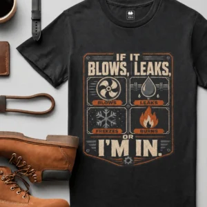 HVAC Technician T‑Shirt — "If It Blows, Leaks, Freezes or Burns I'm In" Retro Tradesmen Tee — black t-shirt, flat-lay product photo | Pressure Tested Co