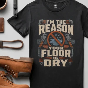 Plumber T‑Shirt – "I'm the Reason Your Floor Is Dry" Vintage Plumbing Tee — black t-shirt, flat-lay product photo | Pressure Tested Co