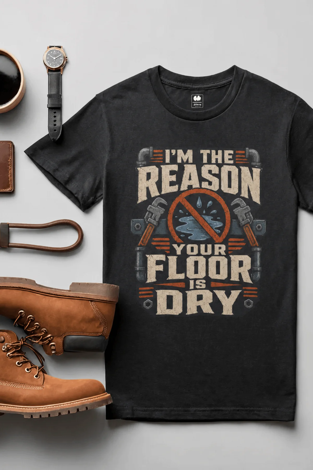 Plumber T‑Shirt – "I'm the Reason Your Floor Is Dry" Vintage Plumbing Tee — black — Flat-lay Plumber T‑Shirt – "I'm the Reason Your Floor Is Dry" Vintage Plumbing Tee — black t-shirt, flat-lay product photo | Pressure Tested Co