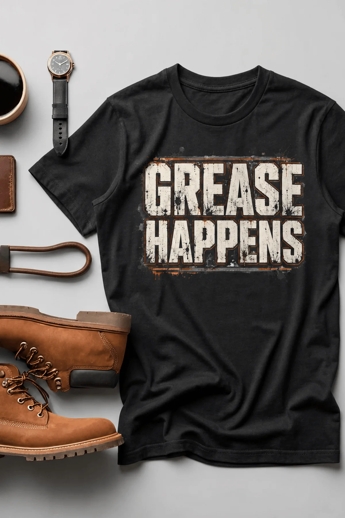 Grease Happens T-Shirt — Funny Mechanic Garage Tee — black — Flat-lay Grease Happens T-Shirt — Funny Mechanic Garage Tee — black t-shirt, flat-lay product photo | Pressure Tested Co